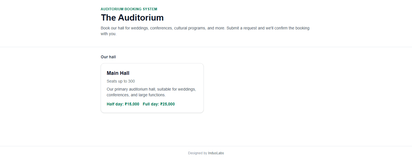 Auditorium Booking System — screenshot of the running product