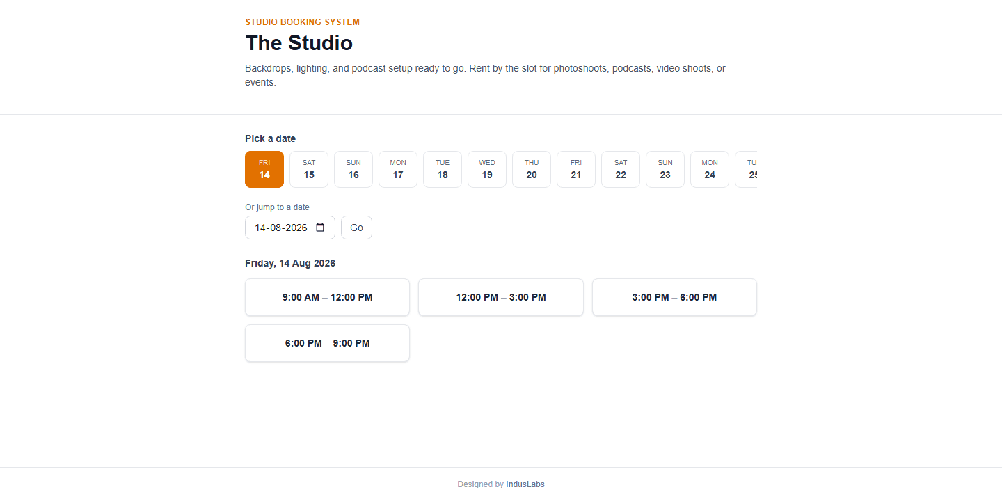 Studio Booking System — screenshot of the running product